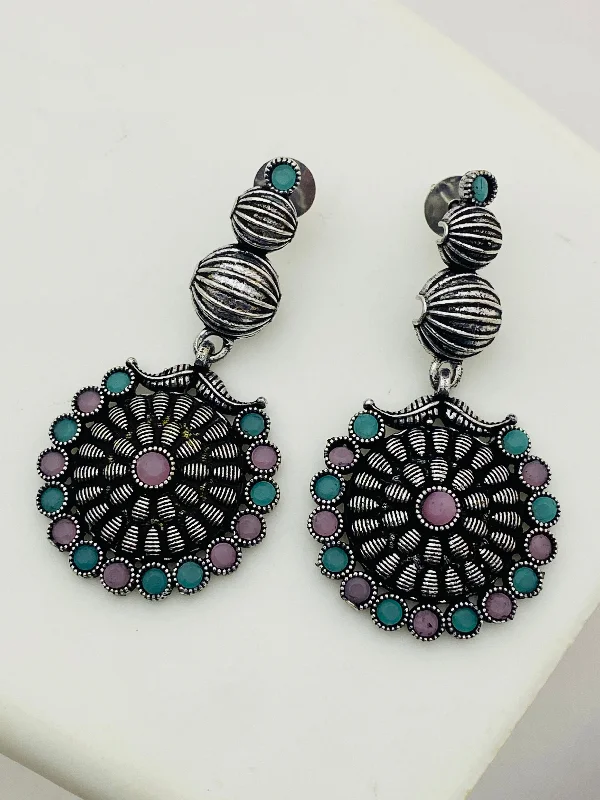 crystal stud earrings for women -Exquisite Multicolor Stone Beaded Floral Designed Silver Toned Designer Oxidized Earrings