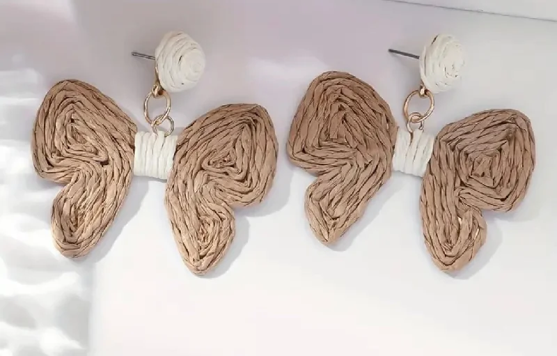 cute earrings for women -Tan Rattan Bow Earrings