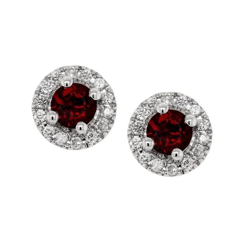 gold hoop stud earrings for women -WHITE GOLD GARNET STUD EARRINGS WITH DIAMOND HALOS, .10 CT TW