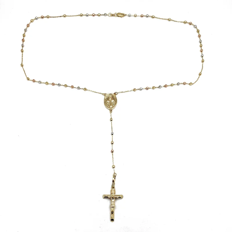 bar necklaces for women -Tri-Color Rosary Bead Necklace (14K)