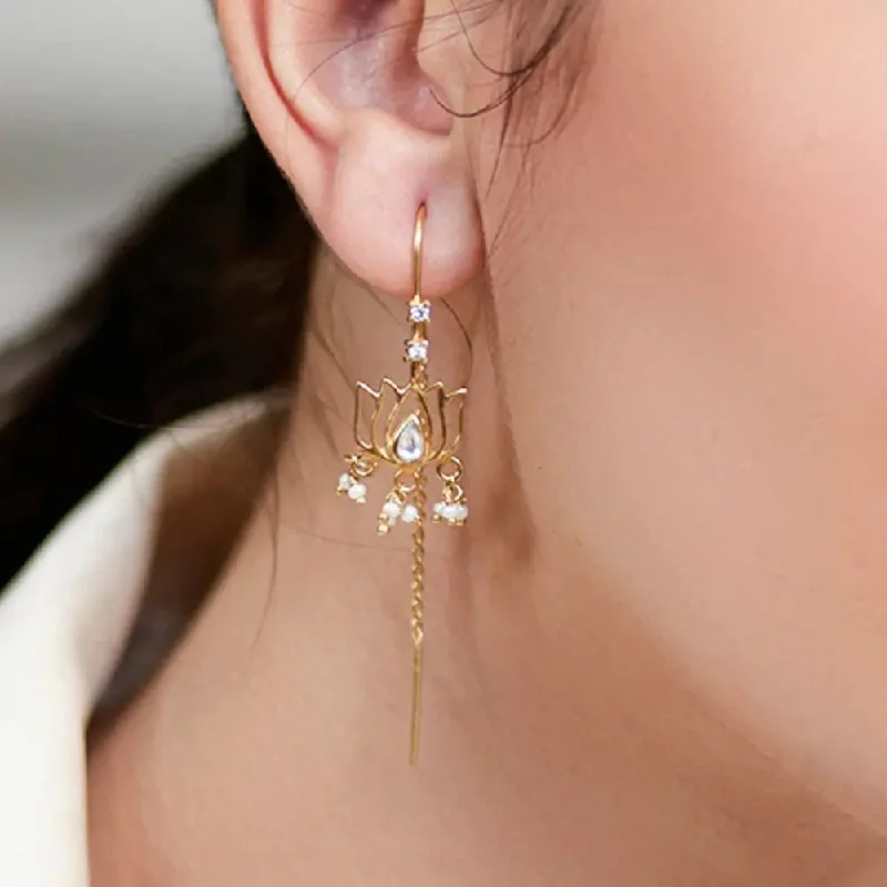 trendy earrings for women -Lotus Drop Sui Dhaga Earrings