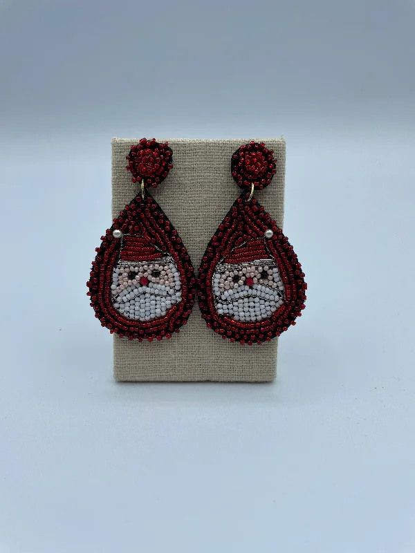 gold stud earrings for women -Red and White Beaded Santa Earrings