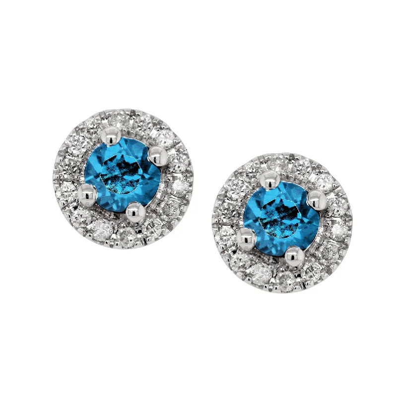 sterling silver hoop earrings for women -WHITE GOLD BLUE TOPAZ STUD EARRINGS WITH DIAMOND HALOS, .10 CT TW