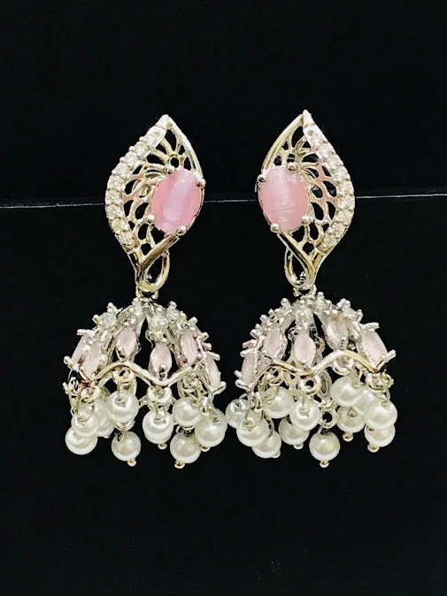 luxury earrings for women -Gorgeous American Diamond Light Pink Colored Jhumka Earrings