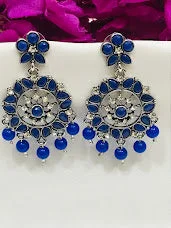 statement earrings for women -Attractive Blue Color Oxidized Stone And Beaded Work Earrings