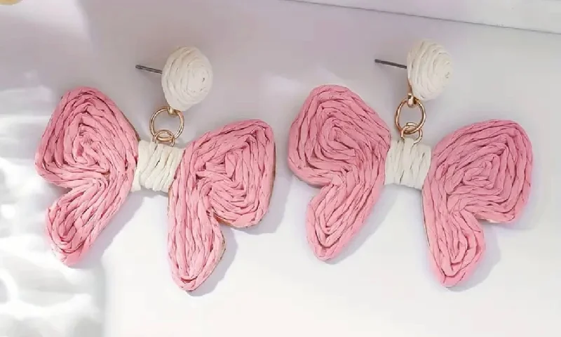 trendy earrings for women -Pink Rattan Bow Earrings