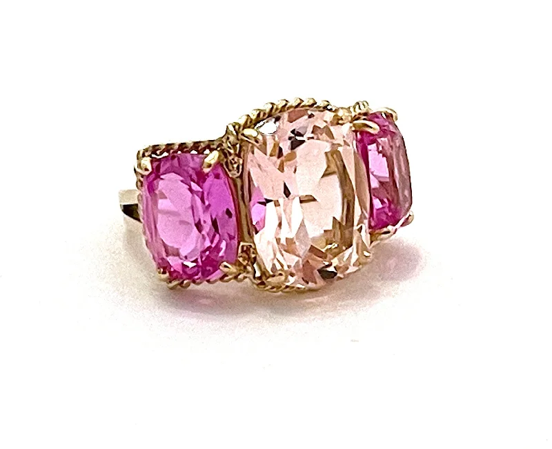 platinum engagement rings for women -18kt Yellow Gold two tone Pink Topaz Three Stone Ring with Rope Twist Border