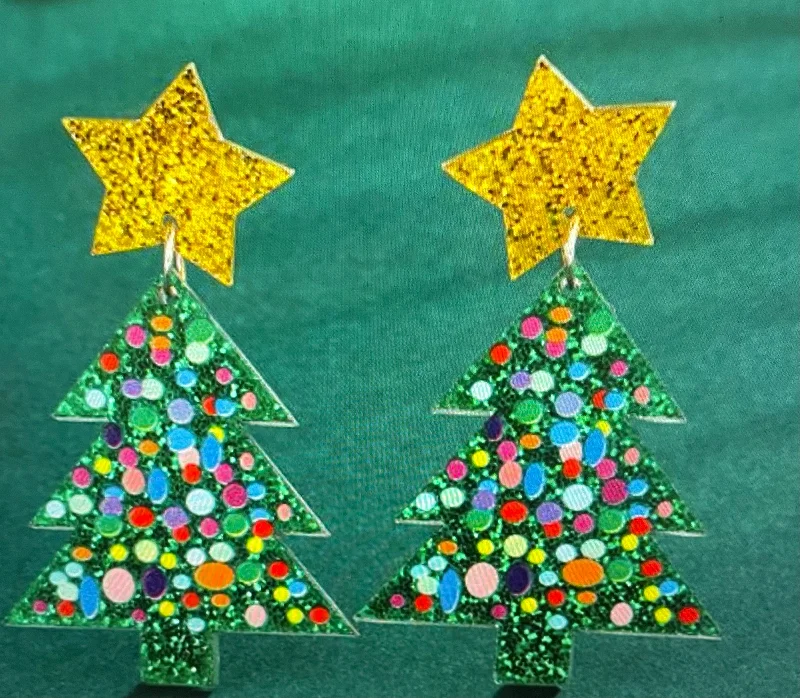 mini earrings for women -Green Acrylic Christmas Tree Earrings