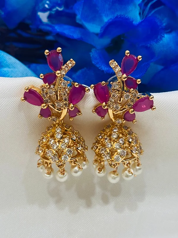 luxury hoop earrings for women -Lovely Pink Color Stones Gold Plated With Beads Earring For Women