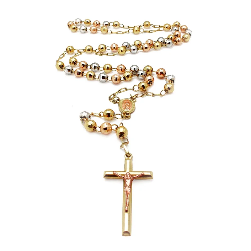 cute necklaces for women -Tricolor Diamond-Cut Rosary Necklace (14K)