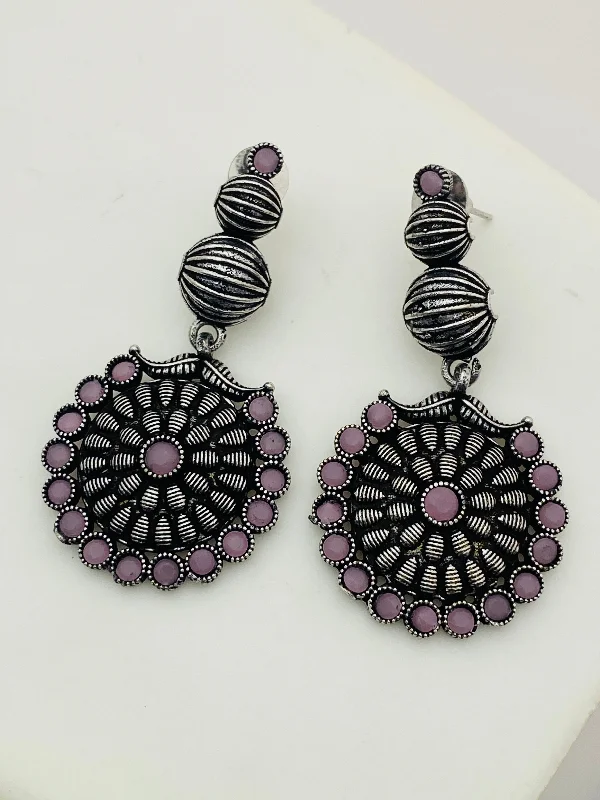 long drop earrings for women -Fascinating Light Pink Stone Studded Floral Design German Silver Plated Oxidized Long Earrings