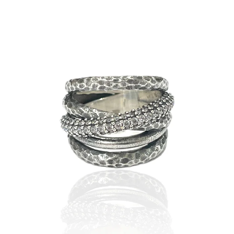 vintage diamond rings for women -VINTAGE SILVER ALMORA LAYERED BAND RING