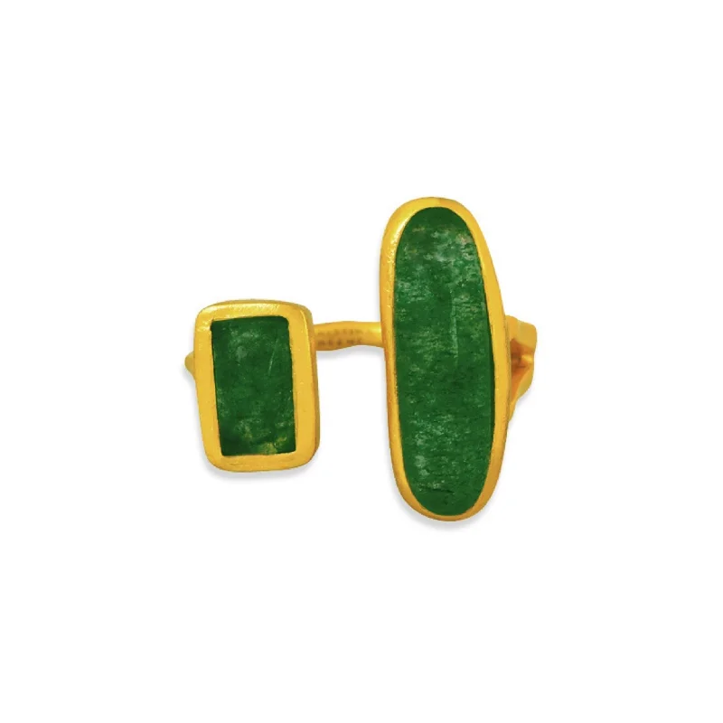 stackable rings for women -Deco Twin Stone Ring - Green Strawberry Quartz