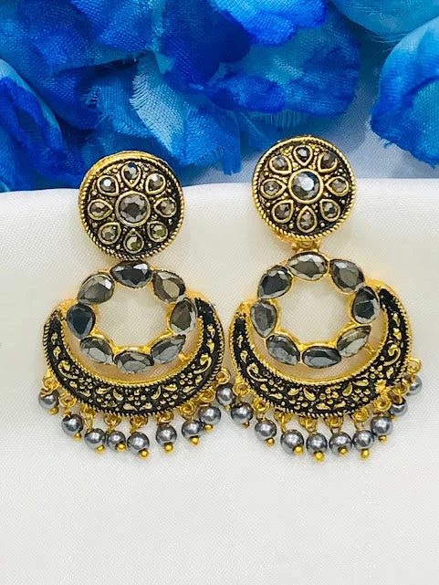 cubic zirconia drop earrings for women -Elegant Gray Colored Antique Gold Unique Designed Earrings