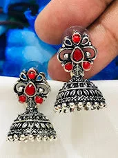 custom earrings for women -Fabulous Red Oxidized Beads Work Jhumka Earrings