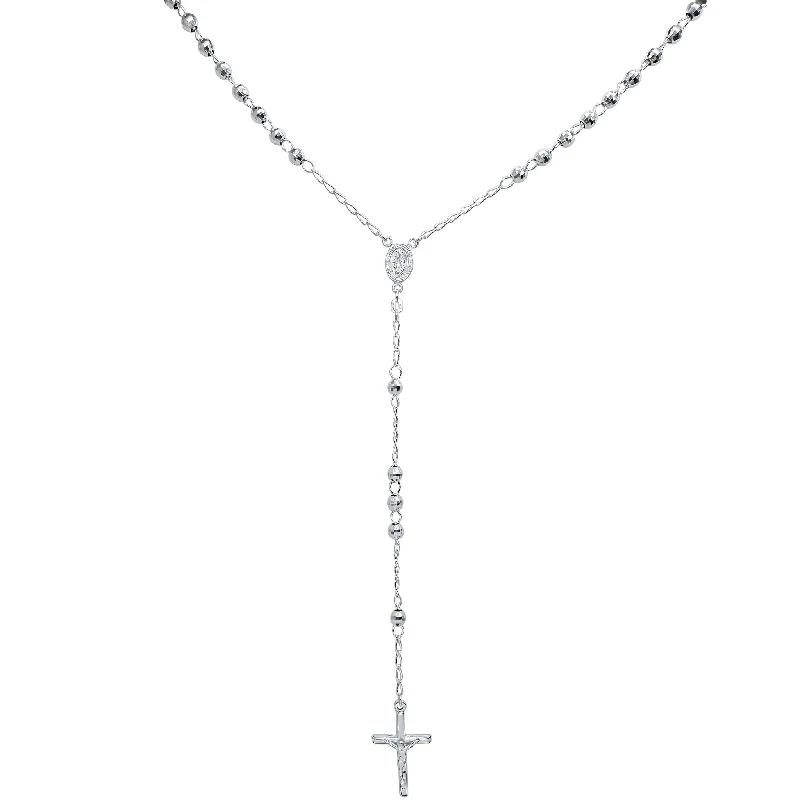 cute charm necklaces for women -[4.9mm] Disco-Beads Virgin Mary Crucifix Rosary Necklace (Silver)