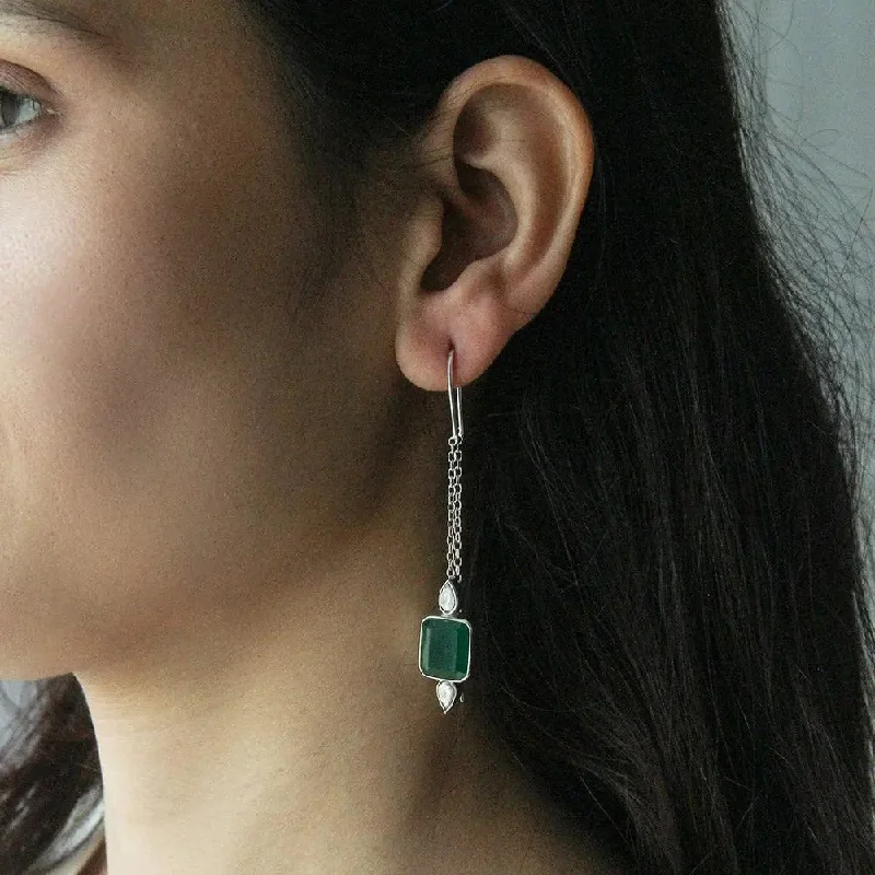 long drop earrings for women -SILVER GREEN SUI DHAGA EARRING