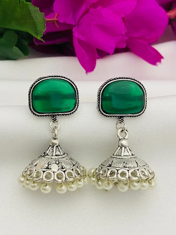 gold hoop earrings for women -Traditional Emerald Stone Beaded German Silver Plated Oxidized Jhumka Earrings With Pearl Beads