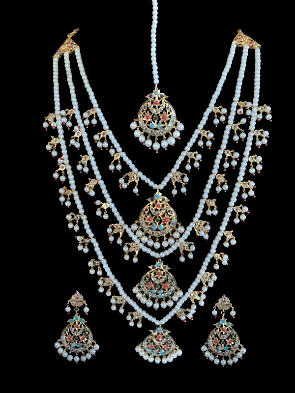 layered gold necklaces for women -SAT23 Tooba ruby three layered pearl necklace with earrings and Tika - navratan  (READY TO SHIP )