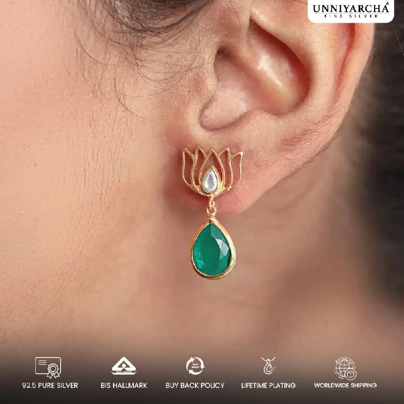 gold chandelier earrings for women -925 Sterling Silver Green Lotus Earring