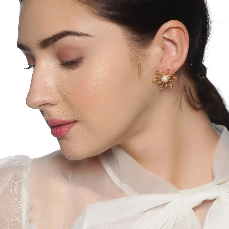 rose gold hoop earrings for women -Pearl Gold Plated Sterling Silver Earrings