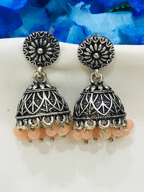 minimalist gold earrings for women -Stunning Peach Colored Oxidized Jhumka Earrings