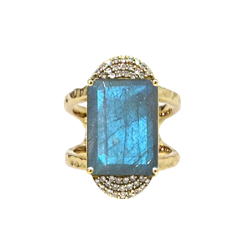 square rings for women -GOLD KOSOR EMERALD CUT LABRADORITE & CRYSTAL COCKTAIL RING