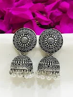 personalized stud earrings for women -Exquisite Traditional Oxidized Jhumka Earrings With White Beads For Women