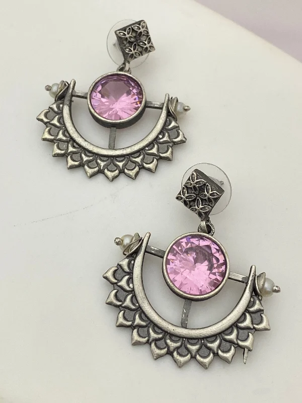 luxury earrings for women -Gorgeous Oxidized With Pink Color Stoned Earring For Women