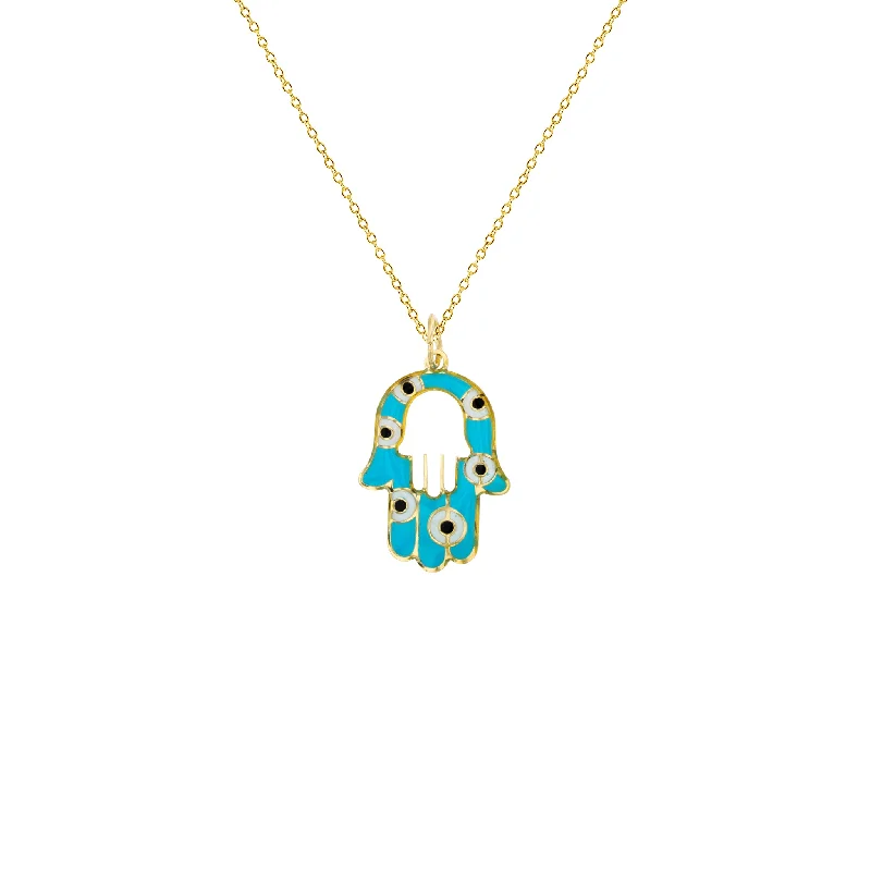 wedding necklaces for women -Enameled Evil-Eye Hamsa Hand Fancy Necklace (14K)