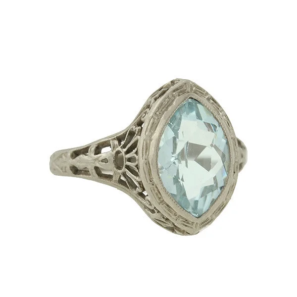 diamond stack rings for women -Art Deco 14kt Aquamarine Navette Filigree Ring 1.75ctw