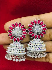 cubic zirconia earrings for women -Pretty Oxidizes Rani Pink Color Drop Design Jhumka Earrings For Women