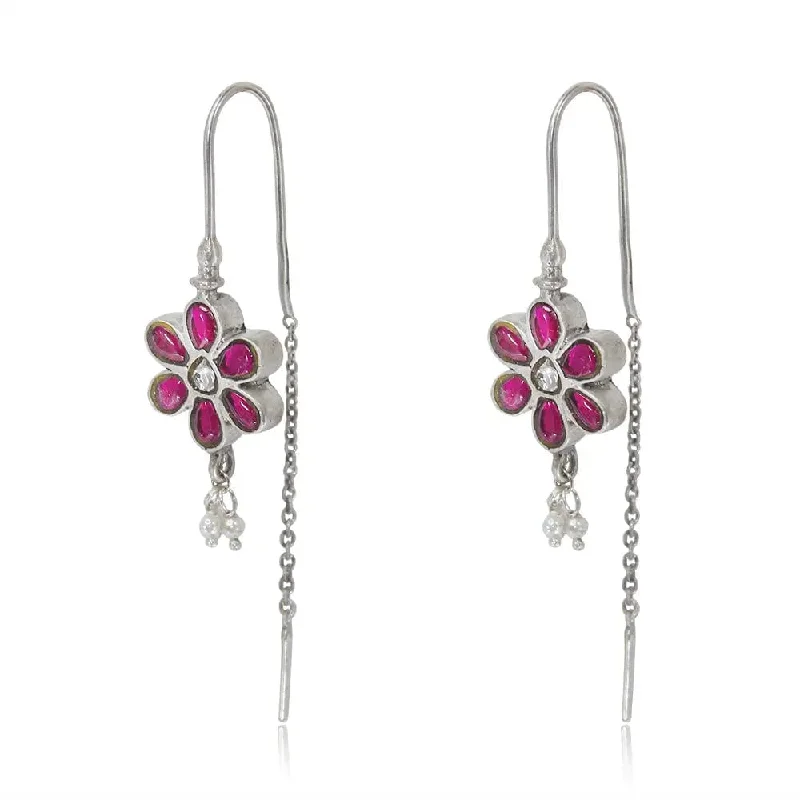 rhinestone earrings for women -Silver flower sui dhaga earrings