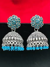 elegant earrings for women -Stunning Oxidized Sky Blue Color Beads Worked Jhumka Earrings