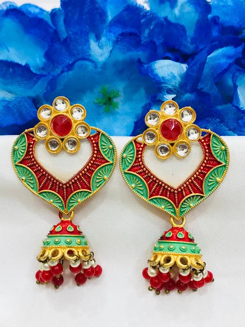 sterling silver earrings for women -Stunning Gold Plated Multicolor Printed Work Earrings