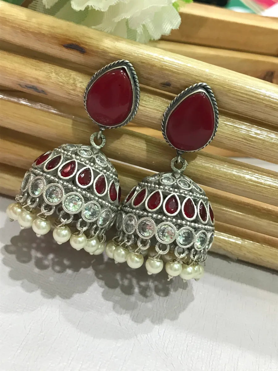 bohemian earrings for women -Oxidized Beautiful Jhumka Earrings With AD Stones