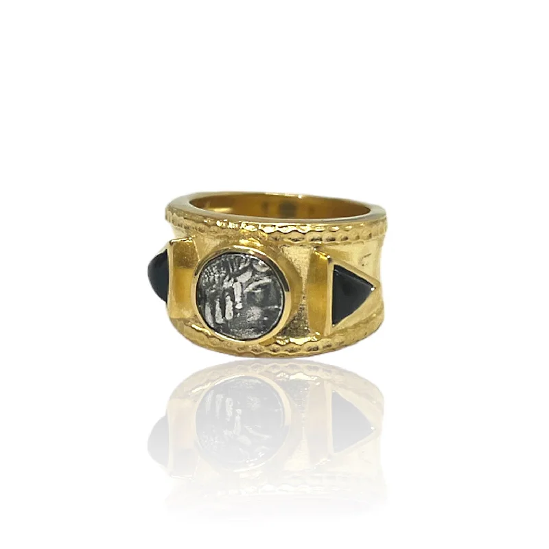 personalized rings for women -GOLD BAND COIN & ONYX TRE RING