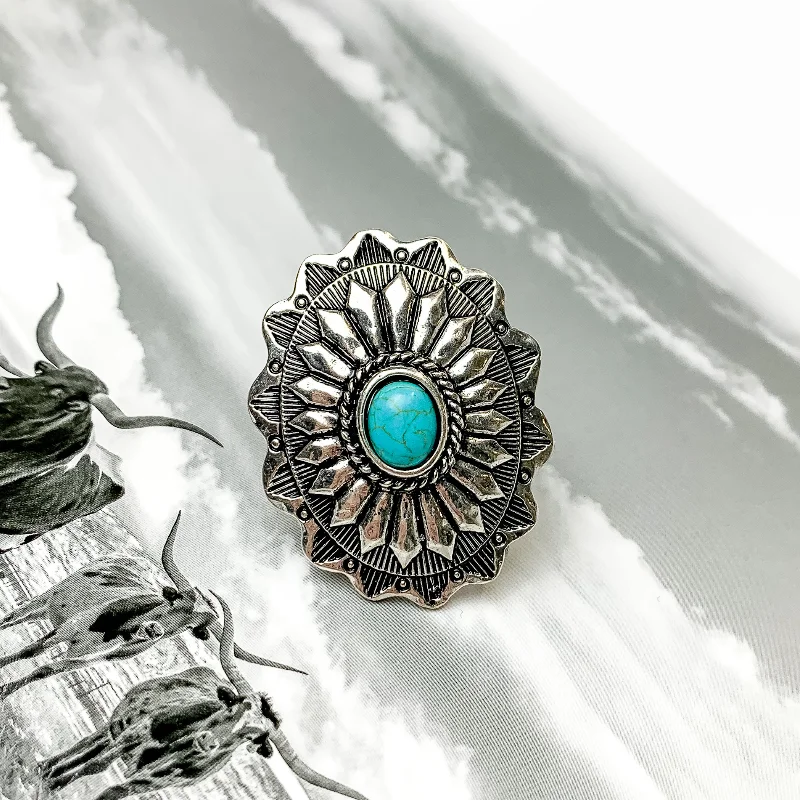 vintage diamond rings for women -Western Concho Turquoise Cuff Ring