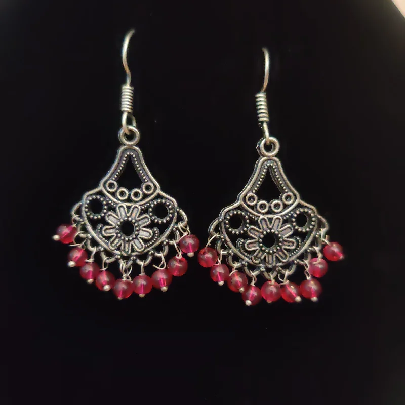 beautiful earrings for women -Beautiful Oxidized Earrings With Red Color Beeds