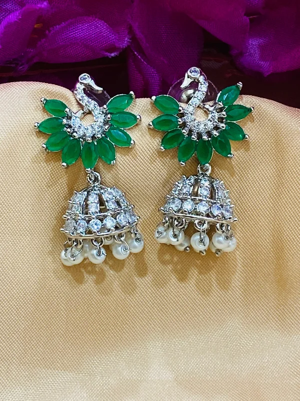 oversized earrings for women -Elegant Green Colored Peacock Design American Diamond Earrings