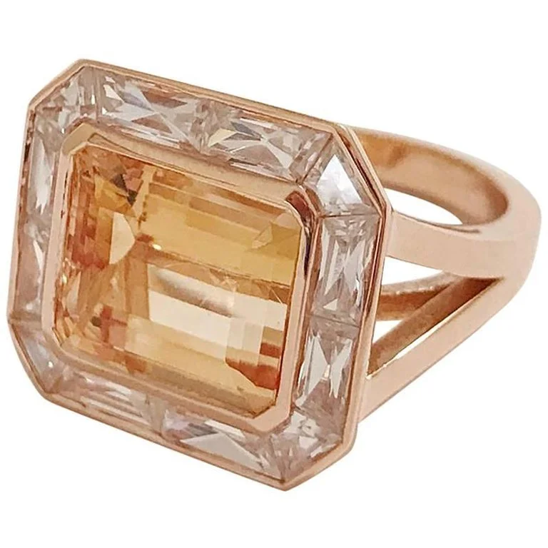 oval-cut engagement rings for women -Imperial Topaz Rose Gold Ring with Rock Crystal Baguettes