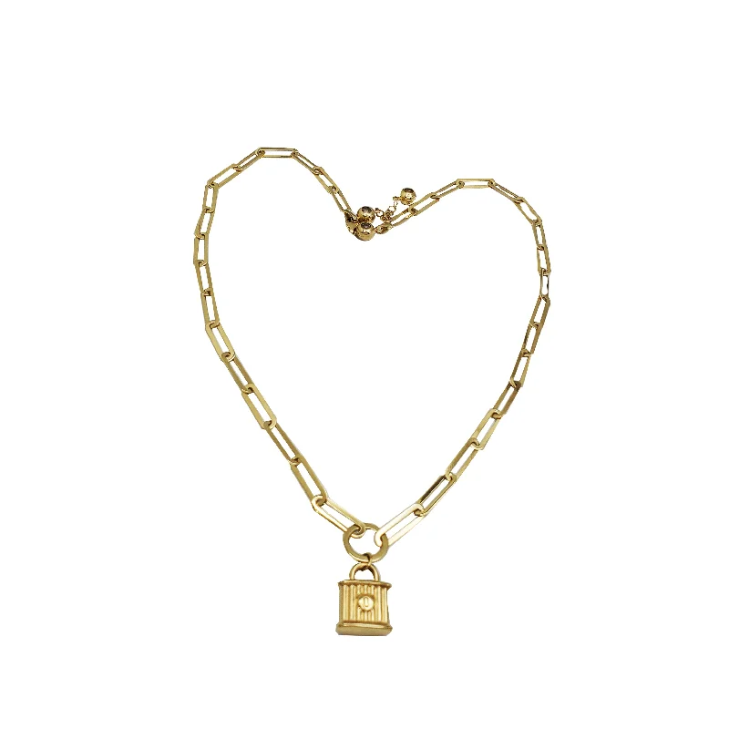 vintage gold necklaces for women -Paperclip Padlock Charm Necklace (14K)