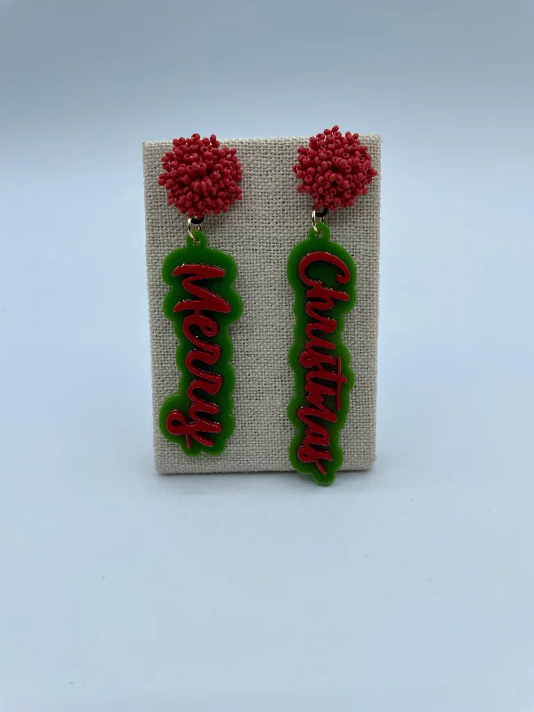 silver hoop earrings for women -Red and Green Merry Christmas Earrings