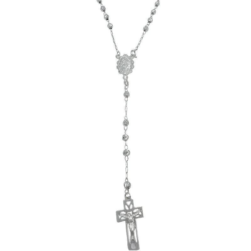 solid gold necklaces for women -[3.9mm] Glossy Virgin Mary Crucifix Rosary Necklace (Silver)