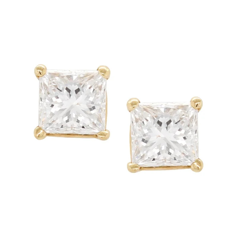 intricate earrings for women -YELLOW GOLD PRINCESS CUT DIAMOND STUD EARRINGS, 1.06 CT TW