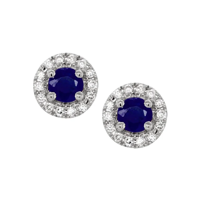 colorful earrings for women -WHITE GOLD SAPPHIRE STUD EARRINGS WITH DIAMOND HALOS, .10 CT TW