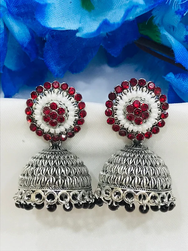 large earrings for women -Appealing Oxidized Maroon Color Stone Work Jhumka Earrings