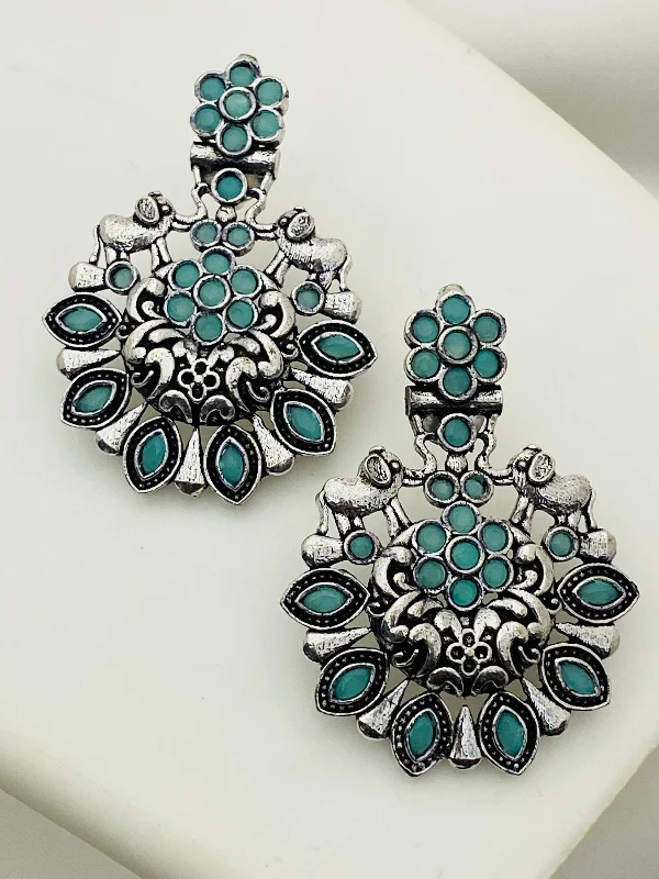 tassel drop earrings for women -Stylish Skyblue Floral Designer Silver Oxidized Earrings For Women