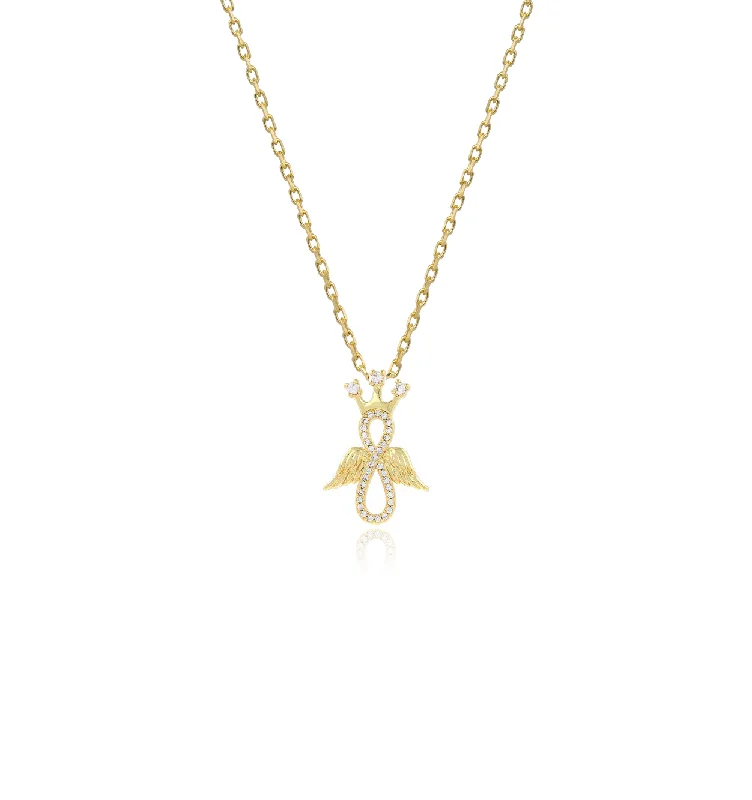 vintage-inspired necklaces for women -Zirconia Crown Winged Infinity Necklace (14K)