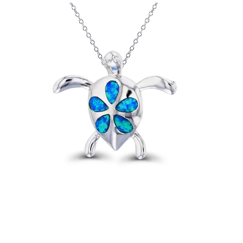 sterling silver chain necklaces for women -Blue Opal Turtle Necklace (Silver)